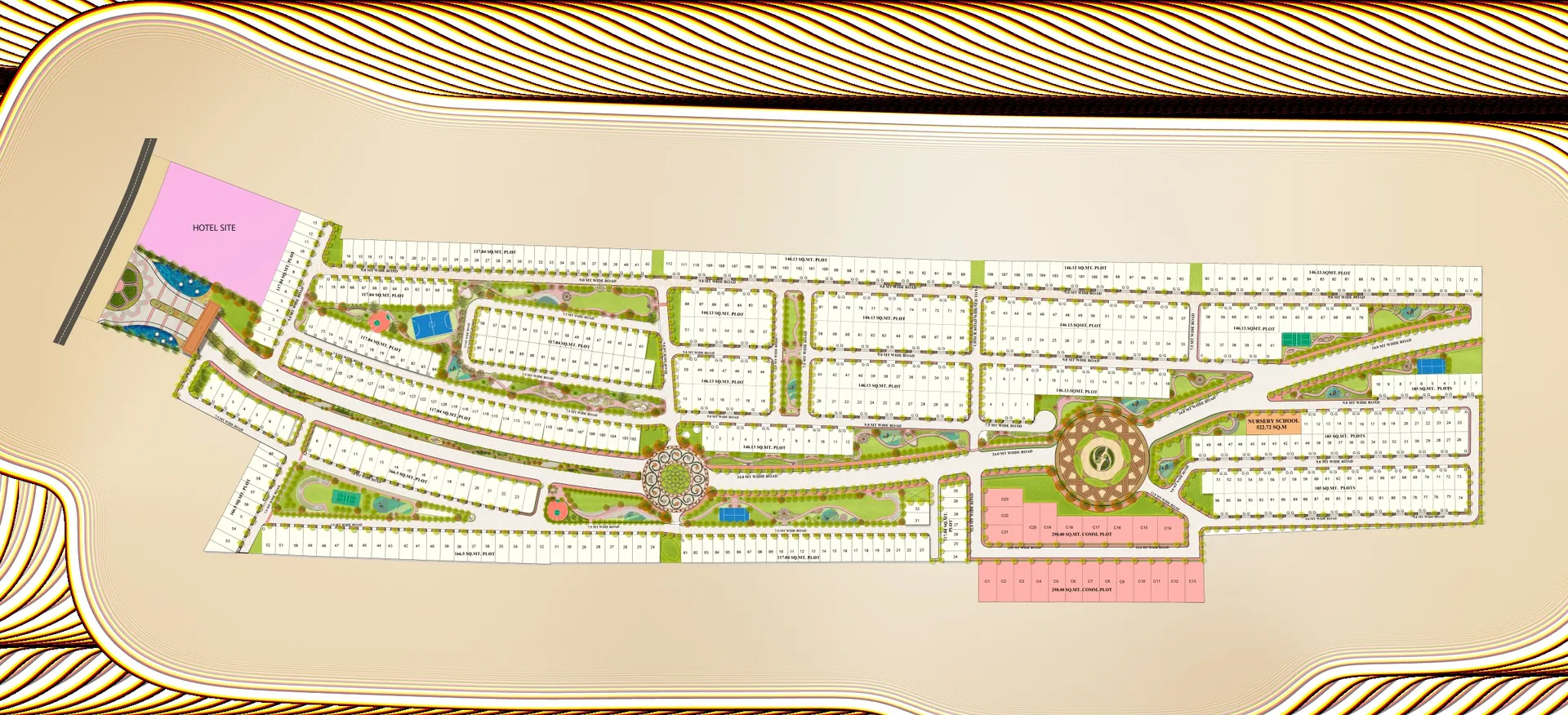 Sanctioned layout showing the hotel site, nursery school and commercial plots at Shri Vrinda Aaradhya